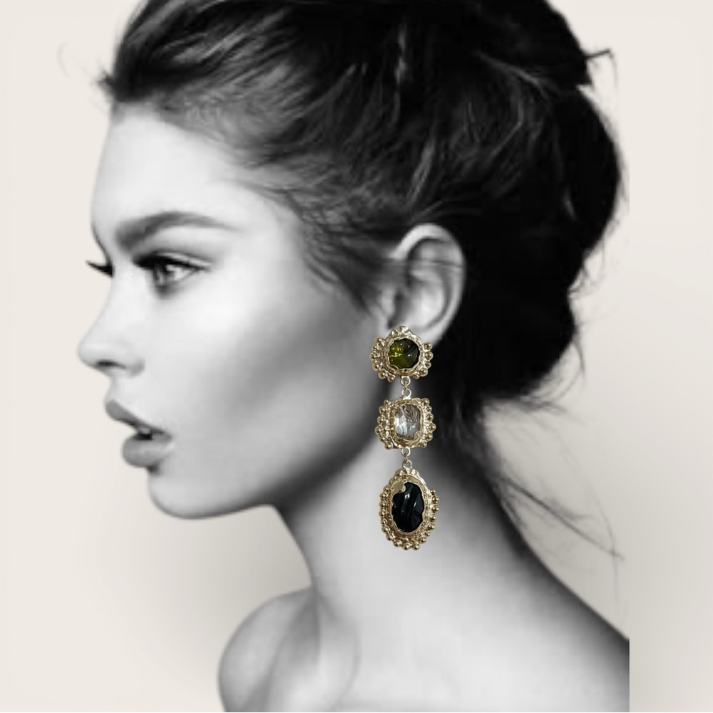 NWT Natasha Gold Tone Rhinestones Crystal Statement earrings